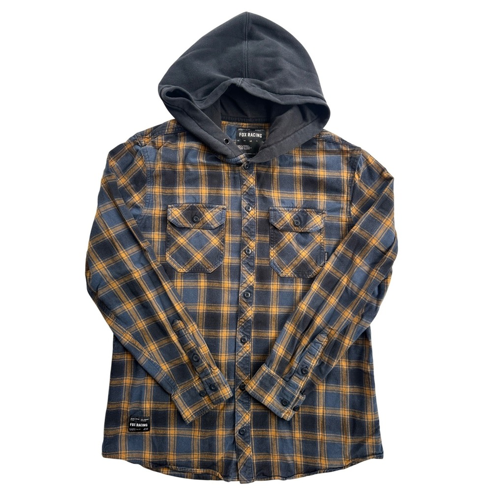 Fox Racing Hooded Flannel Shirt Mens Large Blue Yellow Plaid Excellent Hooded
